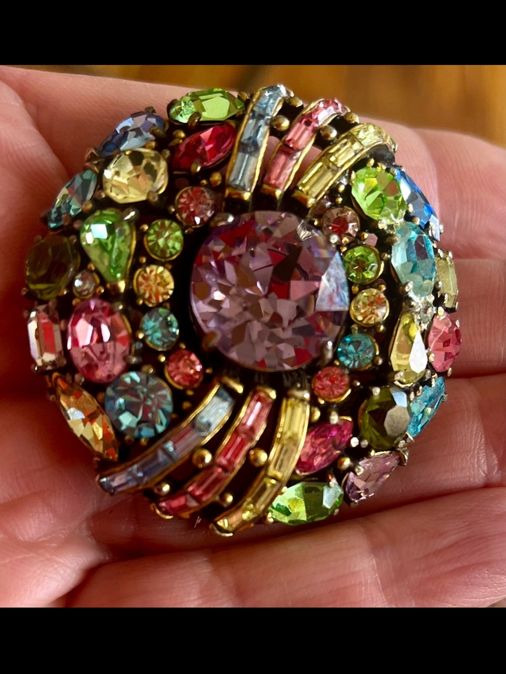 Hollycraft vibrant crystal vintage rainbow color brooch.